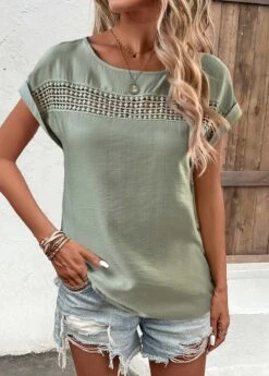 Sage Green Patchwork Short Sleeve Boat Neck Blouse