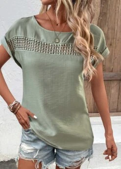 Sage Green Patchwork Short Sleeve Boat Neck Blouse -Women Clothing Sales Store 332698 P 1682415794904