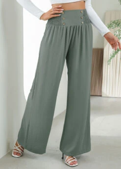Sage Green Smocked Elastic Waist High Waisted Pants -Women Clothing Sales Store 332702 P 1690365009133