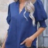 Dark Blue Smocked Half Sleeve Split Neck Blouse