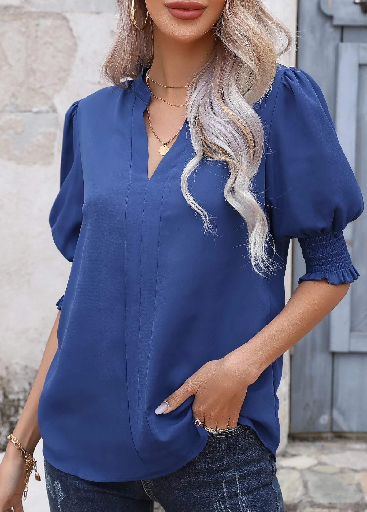 Dark Blue Smocked Half Sleeve Split Neck Blouse 1 Dark Blue Smocked Half Sleeve Split Neck Blouse