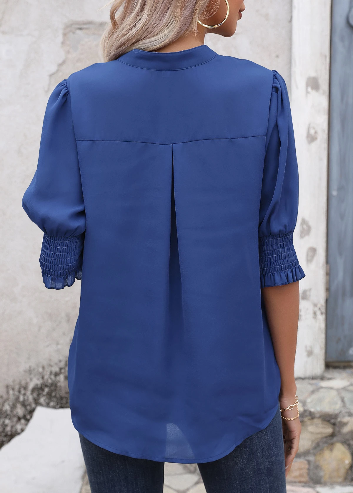 Dark Blue Smocked Half Sleeve Split Neck Blouse 2 Dark Blue Smocked Half Sleeve Split Neck Blouse - Image 2