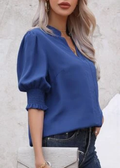 Dark Blue Smocked Half Sleeve Split Neck Blouse 5 Dark Blue Smocked Half Sleeve Split Neck Blouse -Women Clothing Sales Store 332703 P 1682401224635