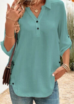 Peacock Blue Button Three Quarter Length Sleeve Blouse -Women Clothing Sales Store 332861 P 16839824852003