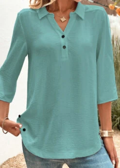 Peacock Blue Button Three Quarter Length Sleeve Blouse -Women Clothing Sales Store 332861 P 16839824853562