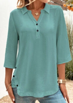 Peacock Blue Button Three Quarter Length Sleeve Blouse