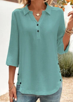Peacock Blue Button Three Quarter Length Sleeve Blouse -Women Clothing Sales Store 332861 P 16839824857174