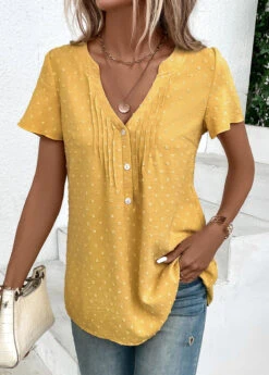 Light Yellow Jacquard Short Sleeve V Neck Blouse -Women Clothing Sales Store 333042 P 16866398822844