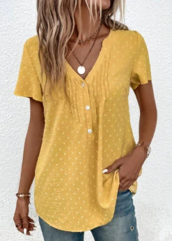 Light Yellow Jacquard Short Sleeve V Neck Blouse