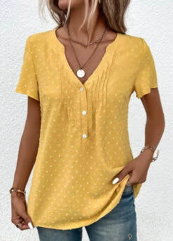 Light Yellow Jacquard Short Sleeve V Neck Blouse -Women Clothing Sales Store 333042 P 16866398824562
