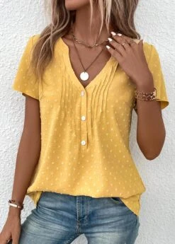 Light Yellow Jacquard Short Sleeve V Neck Blouse -Women Clothing Sales Store 333042 P 16866398827455