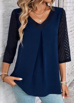 Navy Patchwork Three Quarter Length Sleeve Blouse