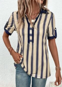 Beige Patchwork Striped Short Sleeve Shirt Collar Blouse -Women Clothing Sales Store 333232 P 16878638510124