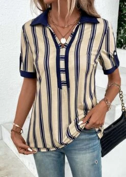 Beige Patchwork Striped Short Sleeve Shirt Collar Blouse -Women Clothing Sales Store 333232 P 16878638516305