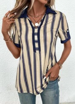 Beige Patchwork Striped Short Sleeve Shirt Collar Blouse -Women Clothing Sales Store 333232 P 16878638519553