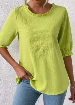 Grass Green Embroidery Three Quarter Length Sleeve Blouse -Women Clothing Sales Store 333245 P 16856139985333