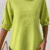 Grass Green Embroidery Three Quarter Length Sleeve Blouse