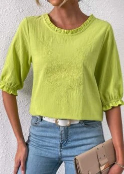 Grass Green Embroidery Three Quarter Length Sleeve Blouse -Women Clothing Sales Store 333245 P 16856139988425