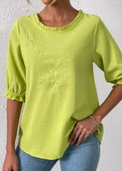Grass Green Embroidery Three Quarter Length Sleeve Blouse -Women Clothing Sales Store 333245 P 16856139989414