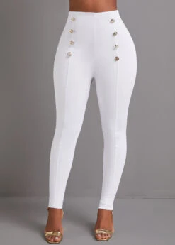 White Button Skinny Elastic Waist High Waisted Pants -Women Clothing Sales Store 333478 P 16839798541060