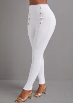 White Button Skinny Elastic Waist High Waisted Pants