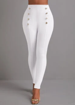 White Button Skinny Elastic Waist High Waisted Pants -Women Clothing Sales Store 333478 P 16839798559073