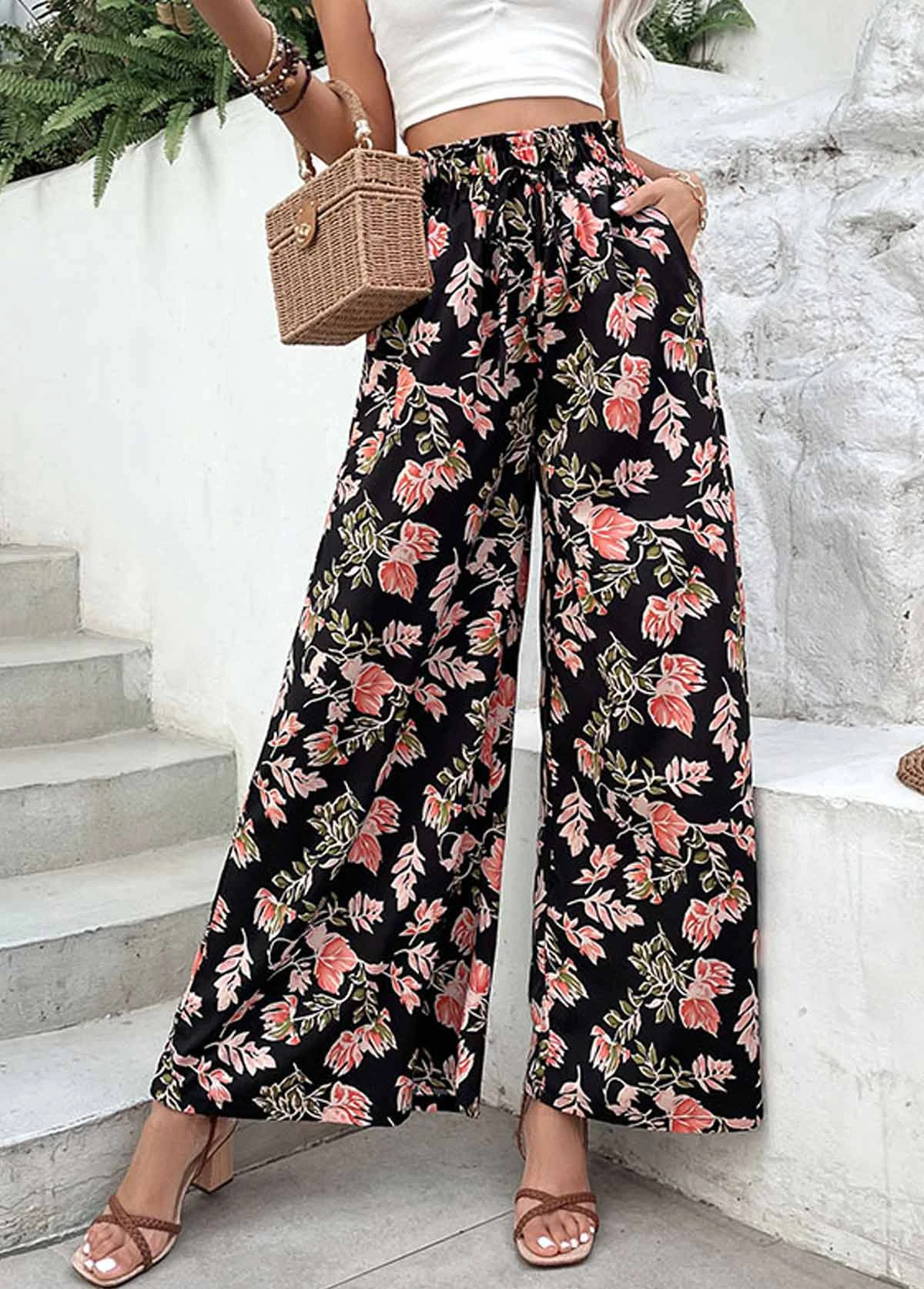 Black Lightweigh Floral Print Elastic Waist Pants 1 Black Lightweigh Floral Print Elastic Waist Pants