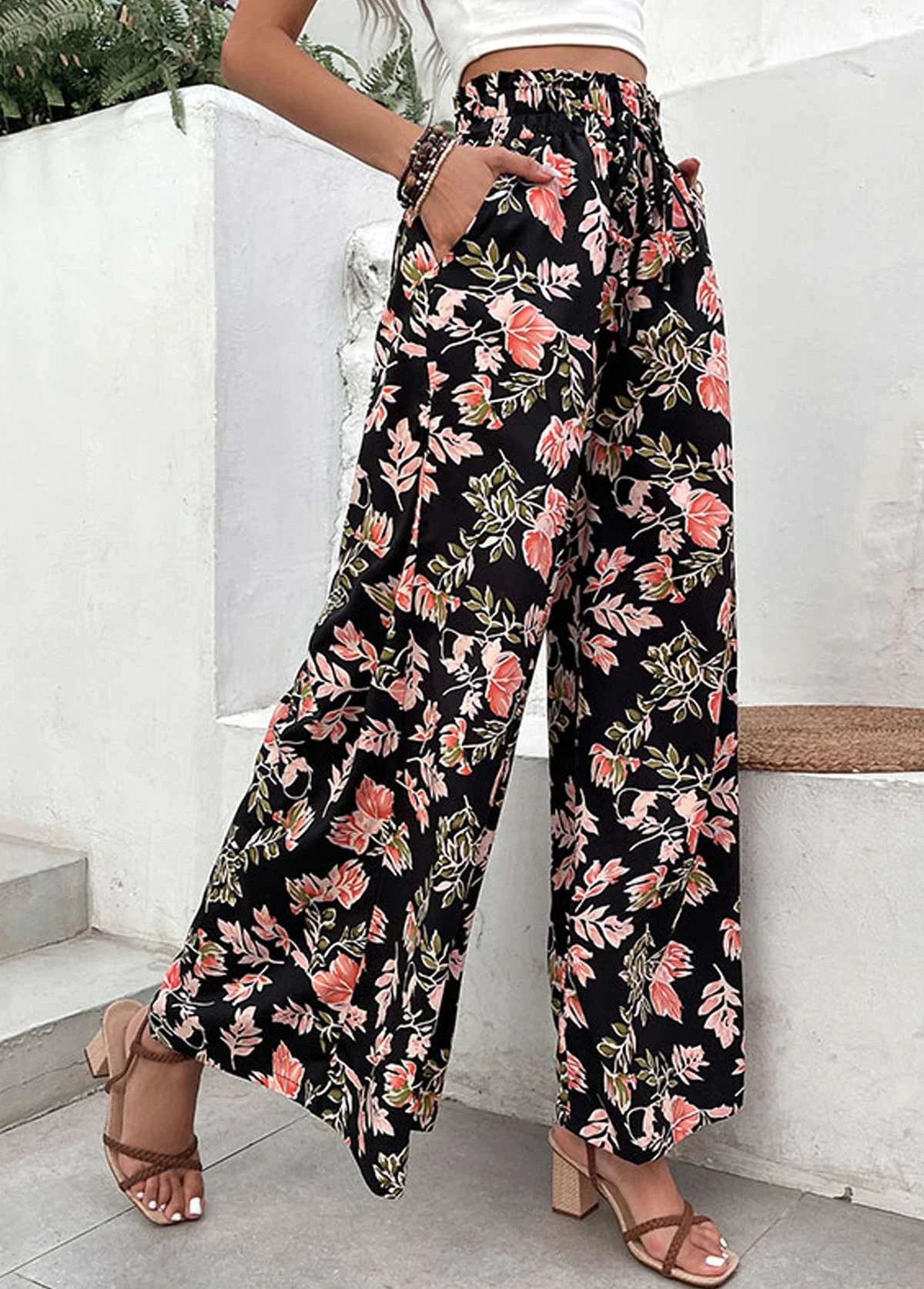 Black Lightweigh Floral Print Elastic Waist Pants 3 Black Lightweigh Floral Print Elastic Waist Pants - Image 3