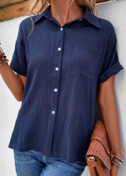 Navy Pocket Short Sleeve Shirt Collar Blouse -Women Clothing Sales Store 333575 P 16854383991023