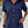 Navy Pocket Short Sleeve Shirt Collar Blouse