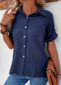 Navy Pocket Short Sleeve Shirt Collar Blouse -Women Clothing Sales Store 333575 P 16854383994252