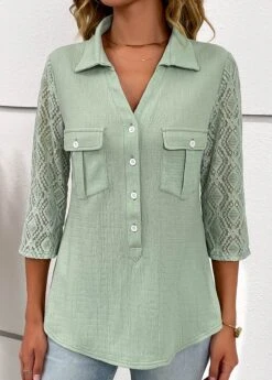 Sage Green Patchwork Three Quarter Length Sleeve Blouse -Women Clothing Sales Store 333728 P 16887318802324