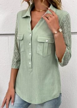 Sage Green Patchwork Three Quarter Length Sleeve Blouse -Women Clothing Sales Store 333728 P 16887318809992
