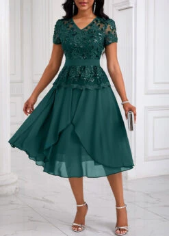 Blackish Green Lace Patchwork Short Sleeve Dress