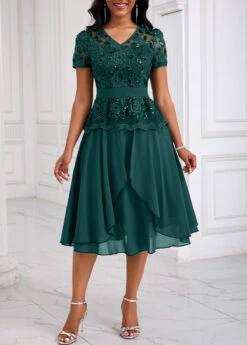 Blackish Green Lace Patchwork Short Sleeve Dress -Women Clothing Sales Store 334135 P 16901992142204