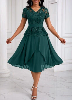 Blackish Green Lace Patchwork Short Sleeve Dress -Women Clothing Sales Store 334135 P 16901992146940