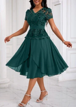 Blackish Green Lace Patchwork Short Sleeve Dress -Women Clothing Sales Store 334135 P 16901992148002