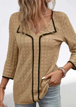 Dark Camel Contrast Binding Patchwork Blouse 11 Dark Camel Contrast Binding Patchwork Blouse -Women Clothing Sales Store 334549 P 16947461163683