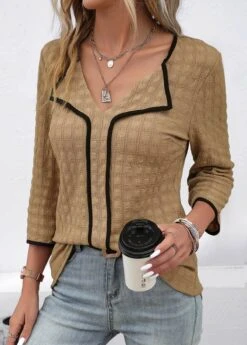 Dark Camel Contrast Binding Patchwork Blouse 15 Dark Camel Contrast Binding Patchwork Blouse -Women Clothing Sales Store 334549 P 16947461164867