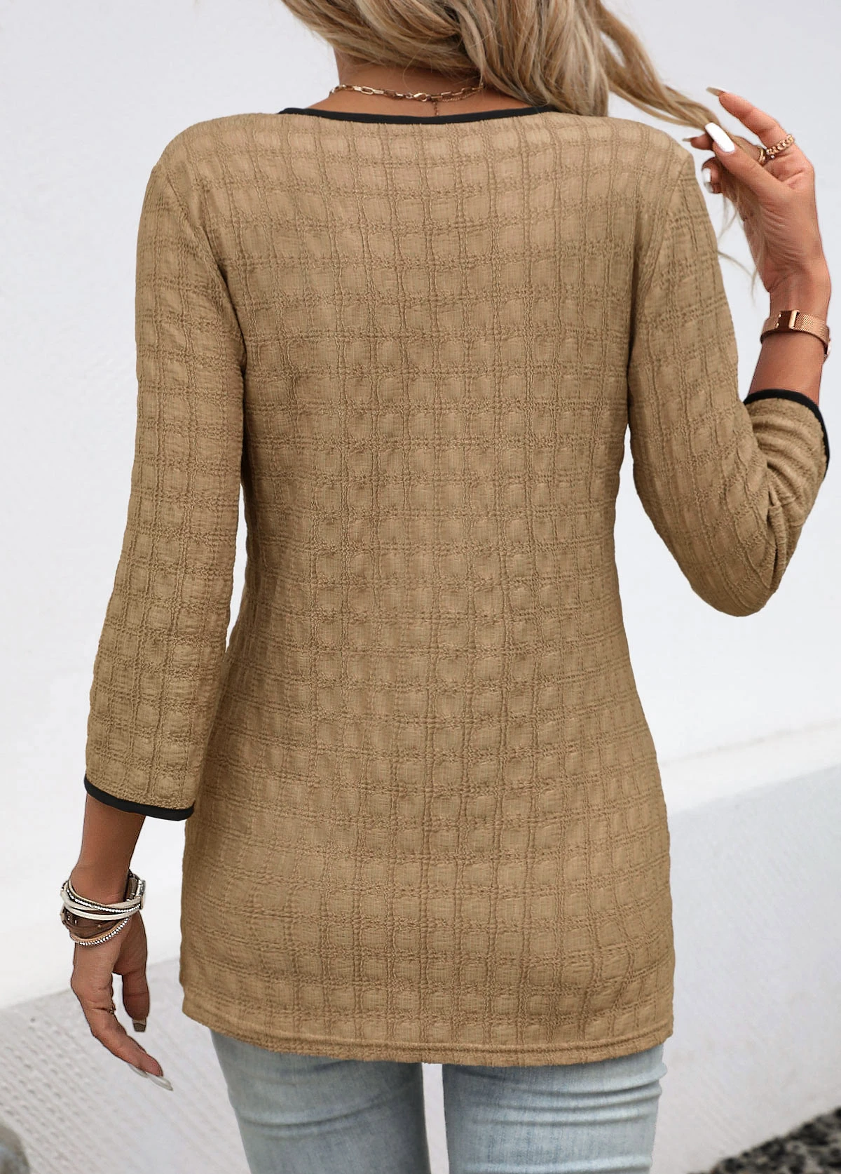 Dark Camel Contrast Binding Patchwork Blouse 2 Dark Camel Contrast Binding Patchwork Blouse - Image 2