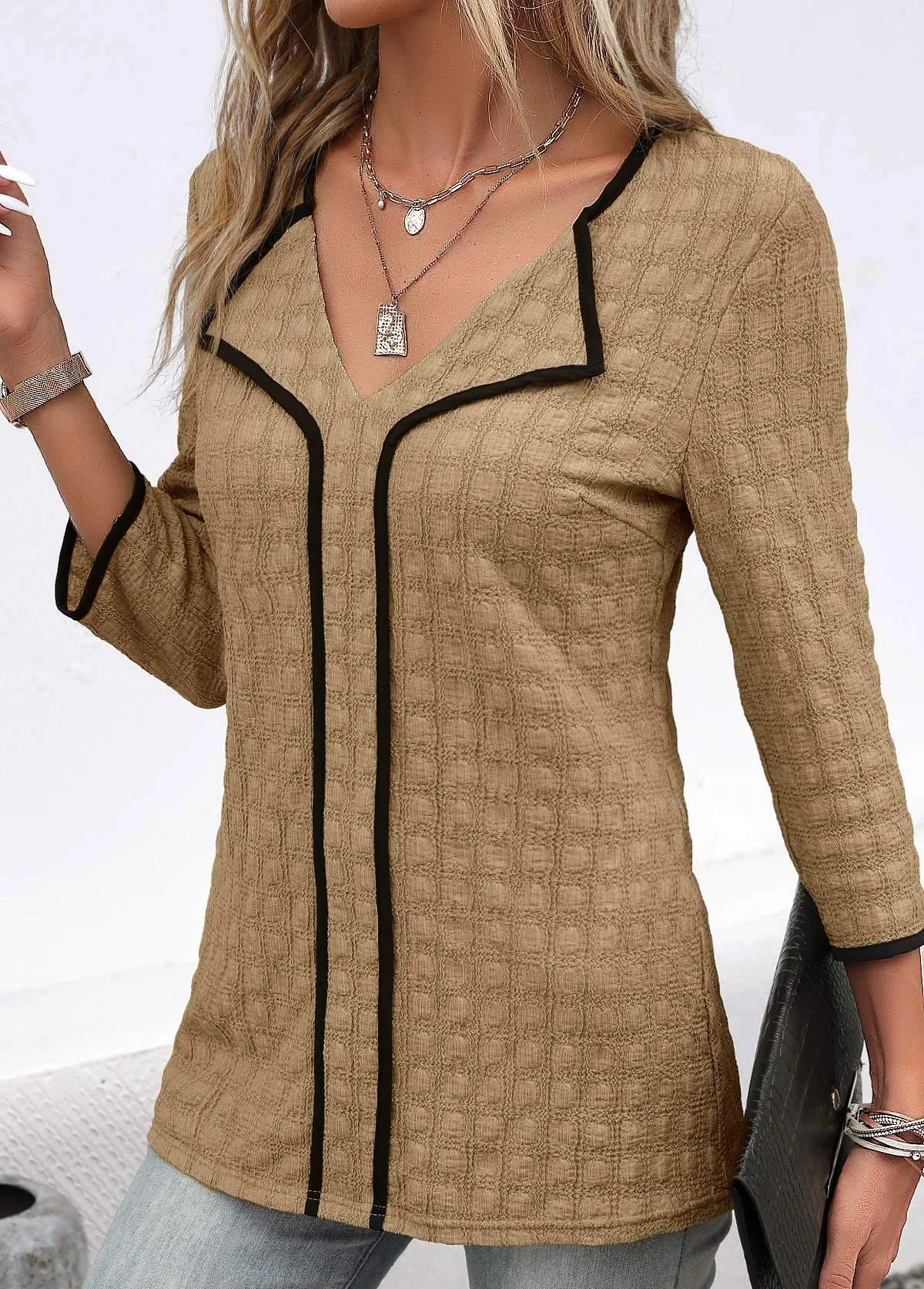 Dark Camel Contrast Binding Patchwork Blouse 5 Dark Camel Contrast Binding Patchwork Blouse - Image 5