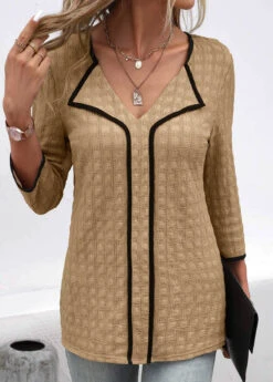 Dark Camel Contrast Binding Patchwork Blouse 14 Dark Camel Contrast Binding Patchwork Blouse -Women Clothing Sales Store 334549 P 16947461168786