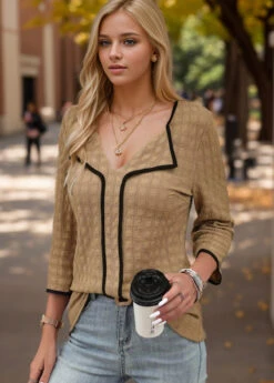 Dark Camel Contrast Binding Patchwork Blouse