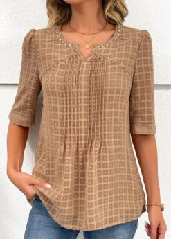 Light Coffee Pearl Half Sleeve Split Neck Blouse