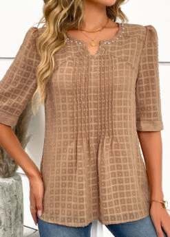 Light Coffee Pearl Half Sleeve Split Neck Blouse -Women Clothing Sales Store 334556 P 16889654182374