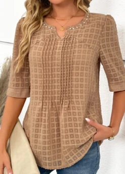 Light Coffee Pearl Half Sleeve Split Neck Blouse -Women Clothing Sales Store 334556 P 16889654184362