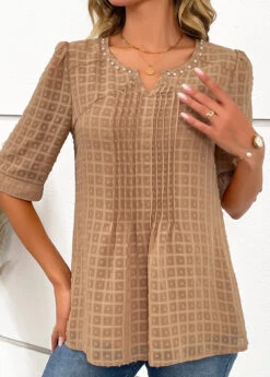 Light Coffee Pearl Half Sleeve Split Neck Blouse -Women Clothing Sales Store 334556 P 16889654189643