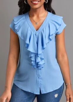 Light Blue Button Short Sleeve V Neck Blouse -Women Clothing Sales Store 334622 P 16855013212942