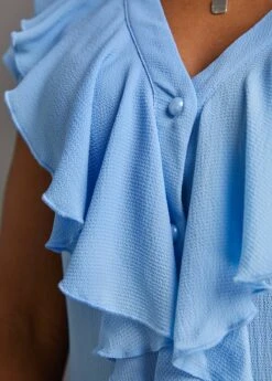 Light Blue Button Short Sleeve V Neck Blouse -Women Clothing Sales Store 334622 P 16855013213354