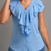 Light Blue Button Short Sleeve V Neck Blouse